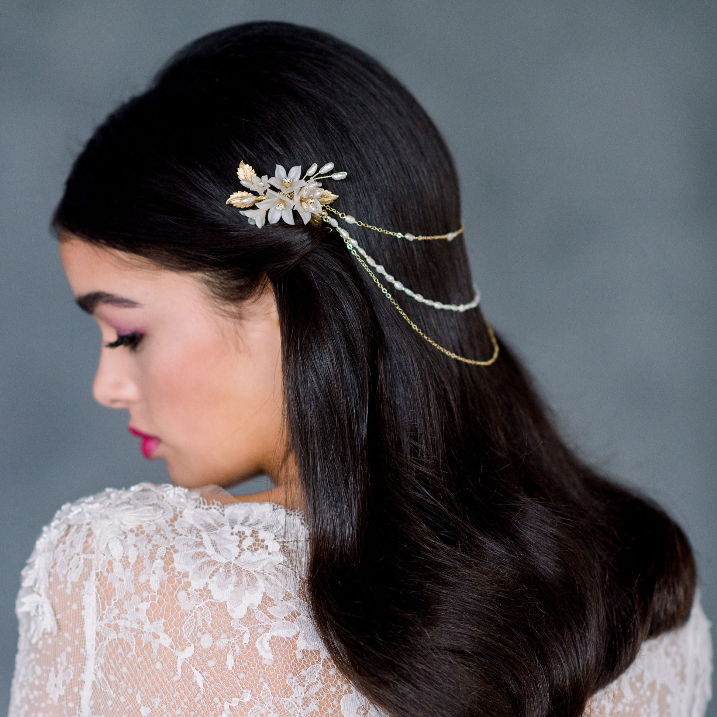 Vintage Freshwater Pearl Boho Bridal Hair Chain - Handmade in Toronto Ontario Canada - available in brass, silver, gold and rose gold- Blair Nadeau Bridal -
